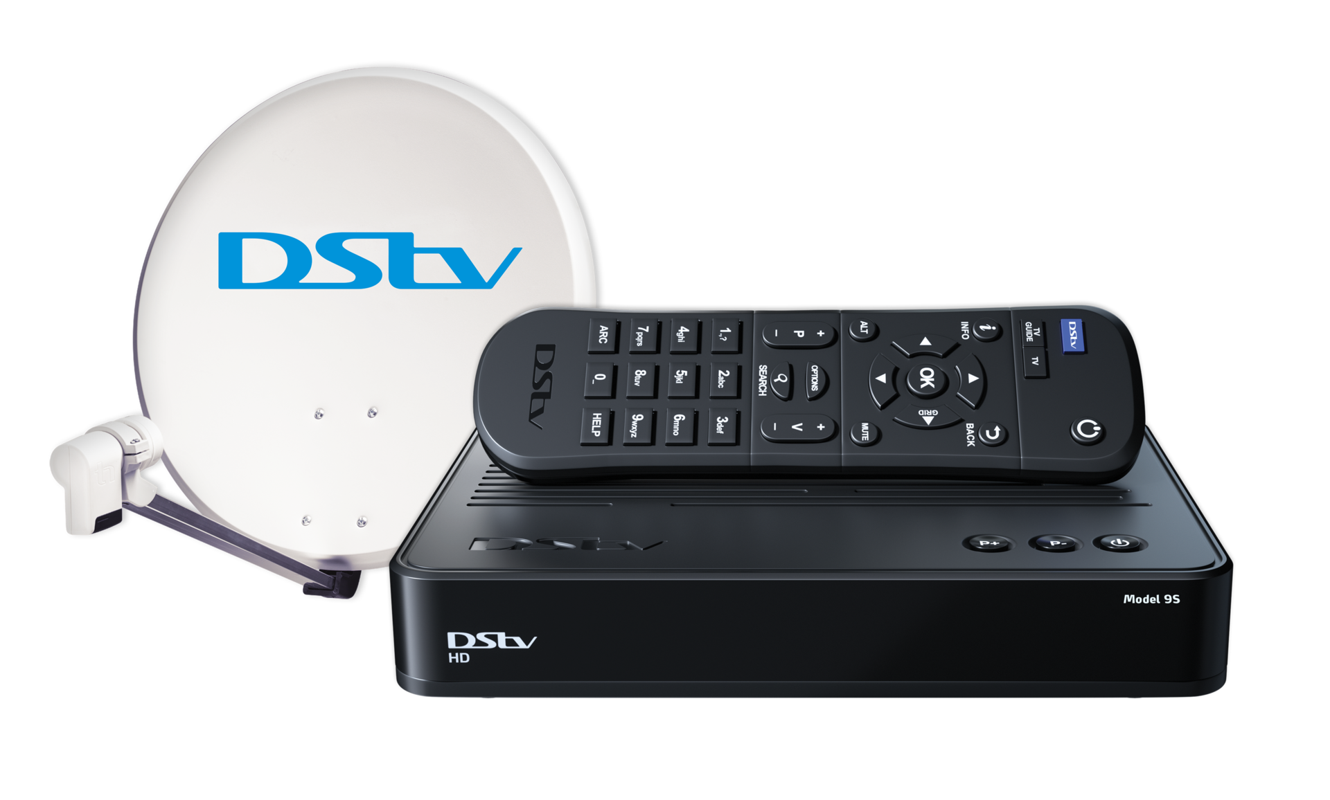 DSTV satellite dish, HD decoder (Model 9S) and remote control — the full DSTV setup